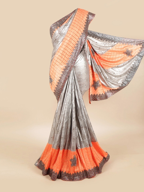 

Pothys Grey & Peach-Coloured Embellished Embroidered Pure Georgette Saree