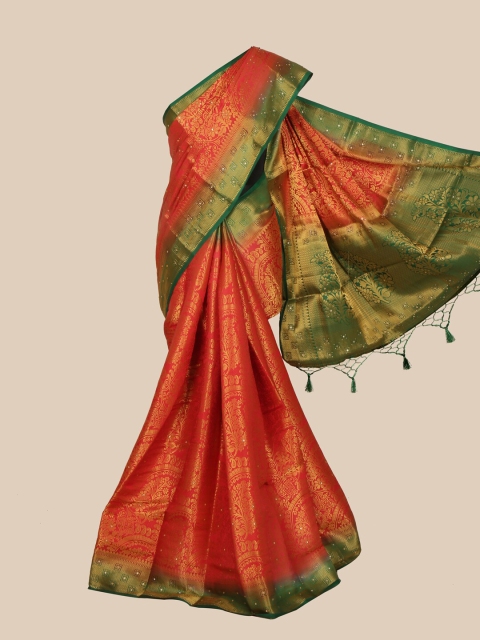 

Pothys Red & Green Floral Sequinned Art Silk Banarasi Saree