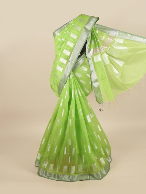 

Pothys Green & Silver-Toned Woven Design Zari Linen Blend Saree