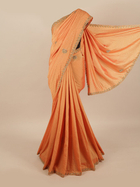 

Pothys Peach & Gold-Toned Embellished Beads and Stones Pure Georgette Saree