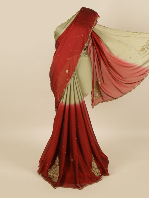 

Pothys Maroon & Cream-Coloured Embellished Beads and Stones Pure Georgette Heavy Work Saree