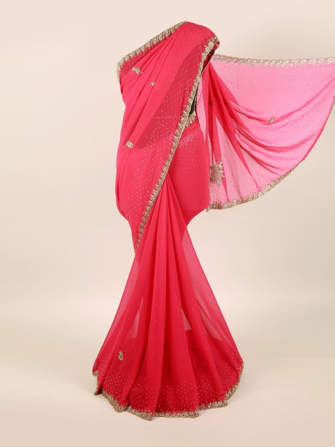 

Pothys Pink & Gold-Toned Embellished Beads and Stones Pure Georgette Saree