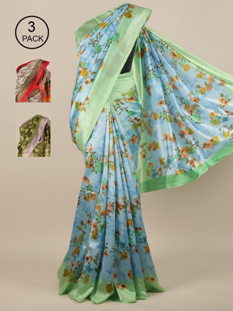 

Pothys-Pack of 3 Assorted Jute Silk Printed Sarees, Blue