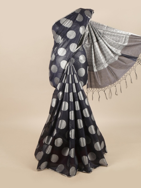 

Pothys Navy Blue & Silver Polka Print Linen Blend Saree