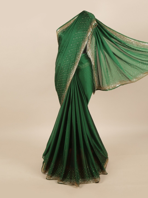 

Pothys Green & Gold-Toned Embellished Zardozi Pure Georgette Saree