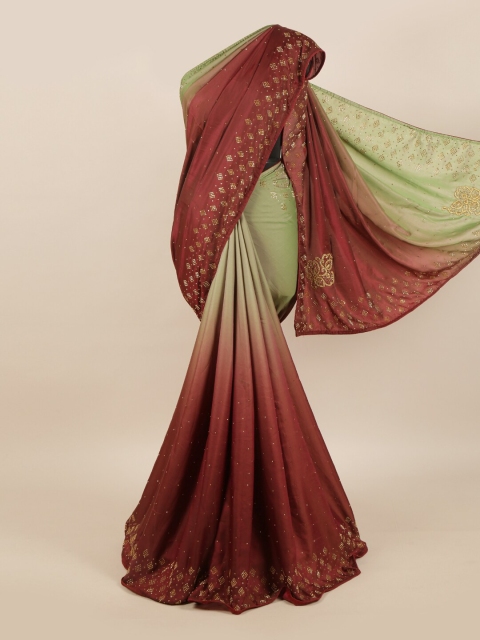 

Pothys Maroon & Cream-Coloured Embellished Beads and Stones Pure Georgette Saree