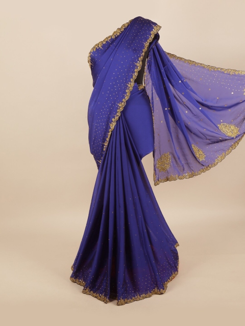 

Pothys Blue & Gold-Toned Embellished Beads and Stones Pure Georgette Saree