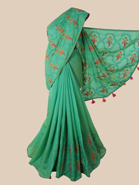 

Pothys Green & Red Floral Beads and Stones Art Silk Saree