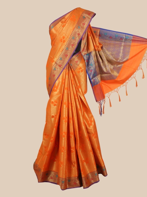 

Pothys Orange & Blue Woven Design Art Silk Banarasi Saree With Tasseled Pallu