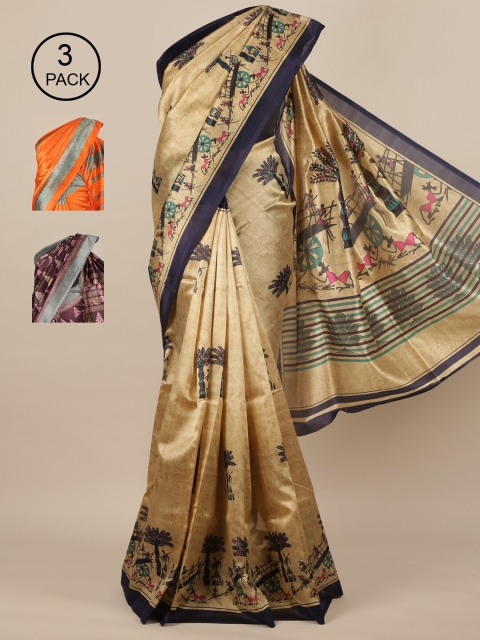 

Pothys-Pack of 3 Assorted Jute Print Sarees, Cream