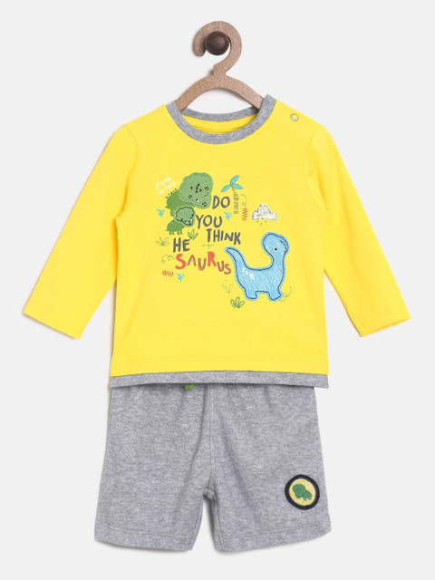 

MINI KLUB Boys Yellow & Grey Melange Printed T-shirt with Shorts