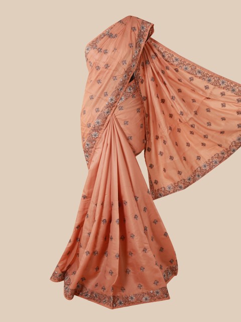 

Pothys Peach & Silver-Toned Floral Zari Art Silk Saree