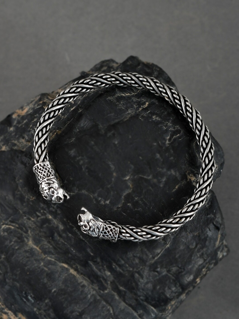 

Silvermerc Designs Men Silver Brass Oxidised Roaring Lion Kada Bracelet