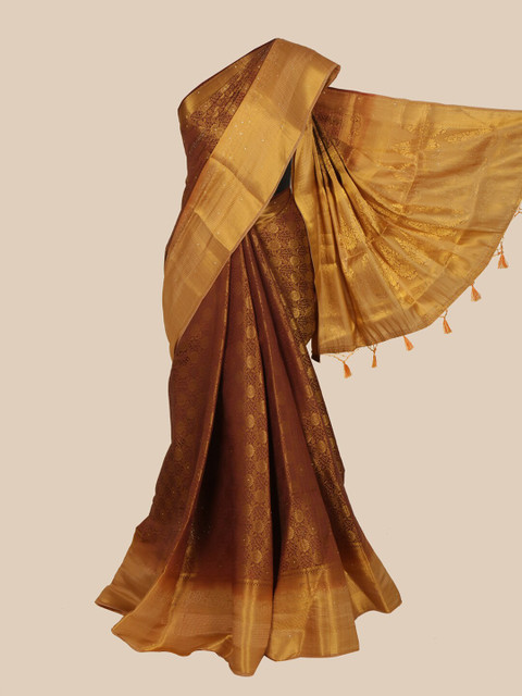 

Pothys Brown & Yellow Ethnic Motifs Zari Art Silk Banarasi Saree