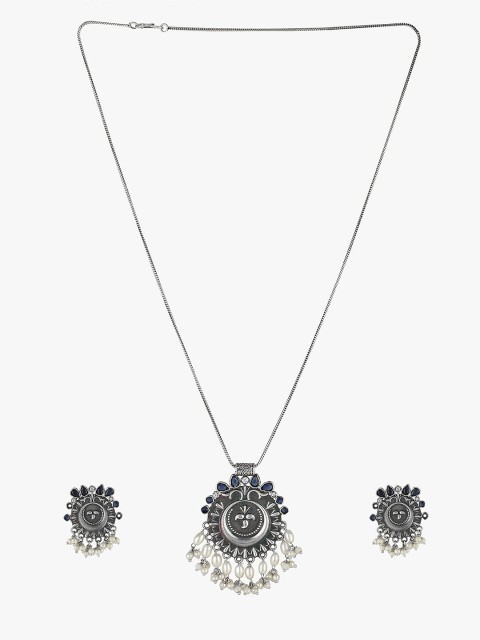 

Adwitiya Collection Silver-Tone Brass Silver-Plated Stone-Studded Oxidised Jewellery Set