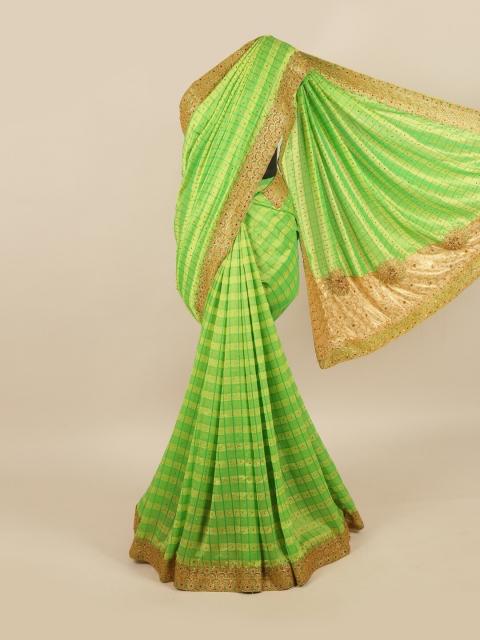 

Pothys Green & Golden Checked Beads and Stones Pure Georgette Saree