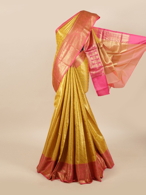 

Pothys Women Mustard & Pink Printed Art Silk Banarasi Saree