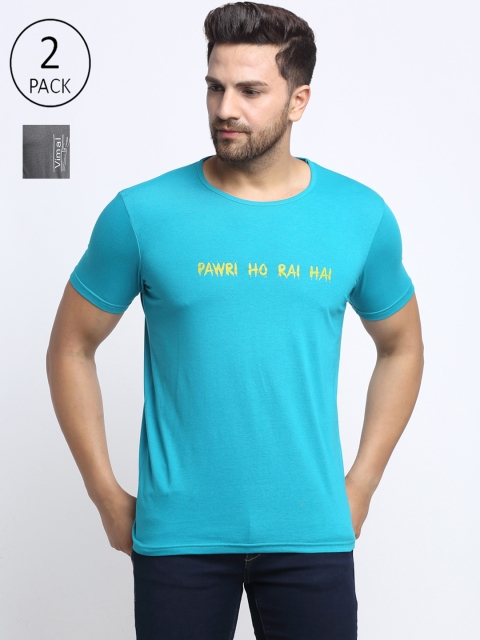 

VIMAL JONNEY Men Set of 2 Turquoise Blue & Grey Typography Printed T-shirts