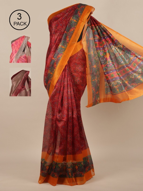 

Pothys-Pack of 3 Assorted Jute Print Sarees, Maroon