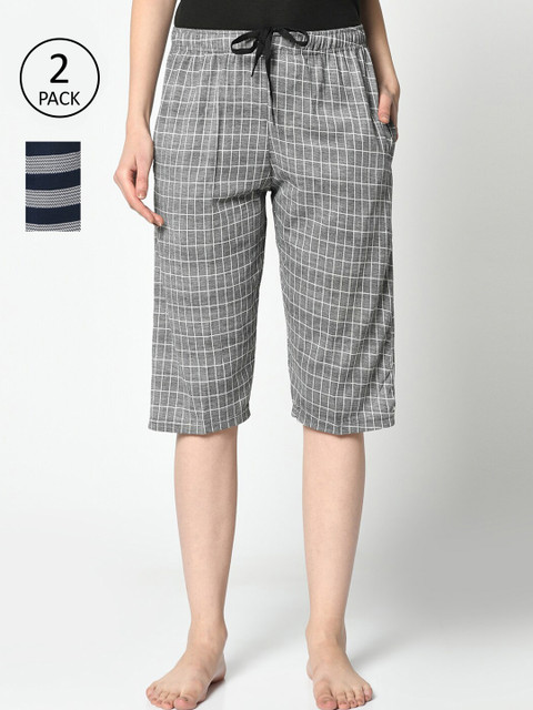

VIMAL JONNEY Women Pack Of 2 Grey & Navy Blue Printed Lounge Shorts