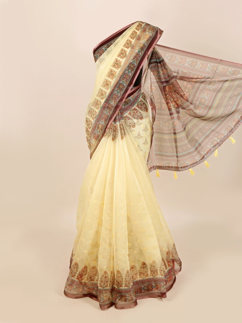 

Pothys Cream & Maroon Ethnic Motifs Organza Saree