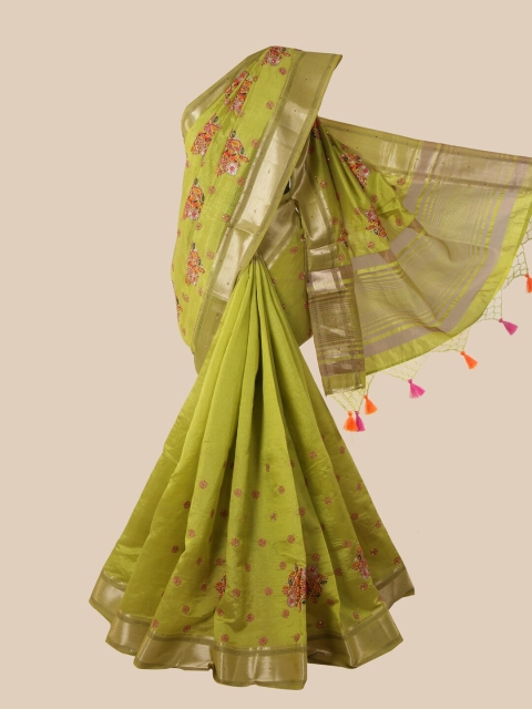 

Pothys Green & Orange Floral Art Silk Saree