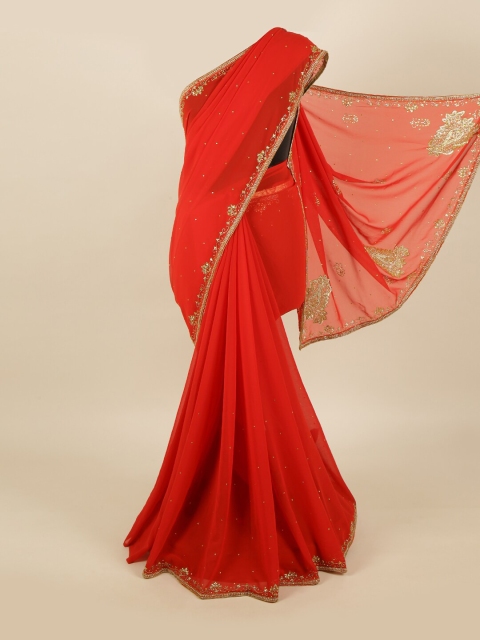 

Pothys Red & Gold-Toned Embellished Beads and Stones Pure Georgette Saree