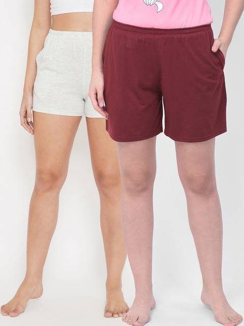 

Clovia Women Grey & Maroon 2 Lounge Shorts