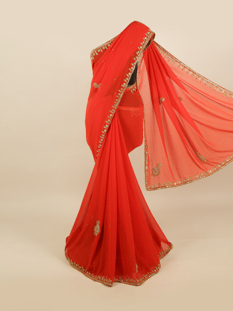 

Pothys Red & Gold-Toned Embellished Beads and Stones Pure Georgette Heavy Work Saree