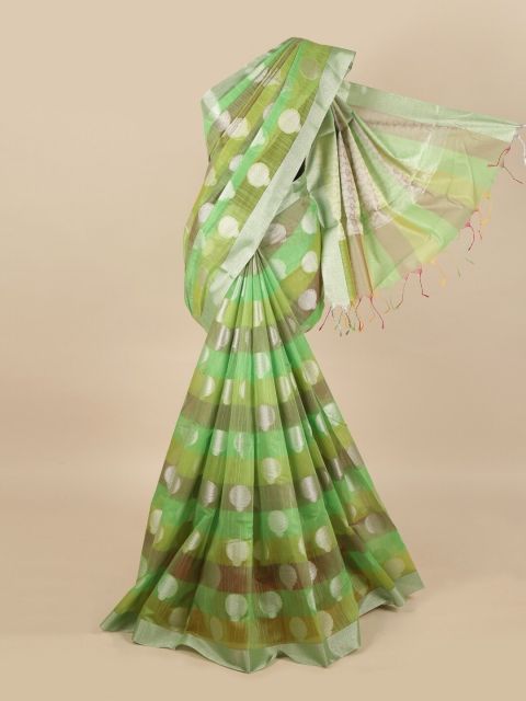 

Pothys Green & Silver-Toned Ethnic Motifs Zari Linen Blend Saree