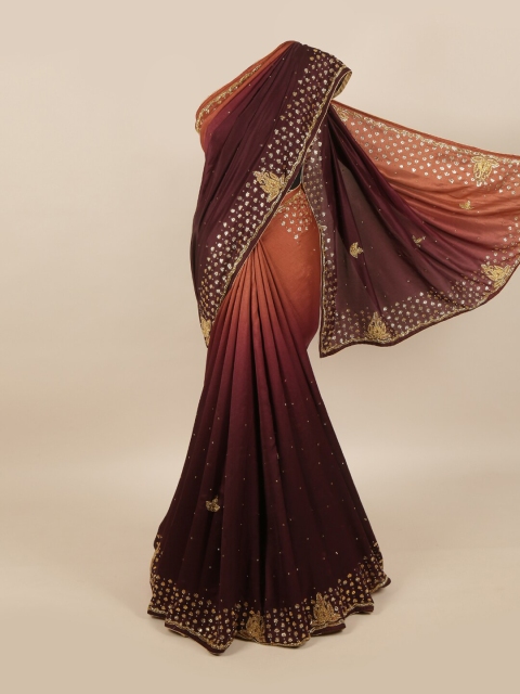 

Pothys Brown & Gold-Toned Embellished Beads and Stones Pure Georgette Saree