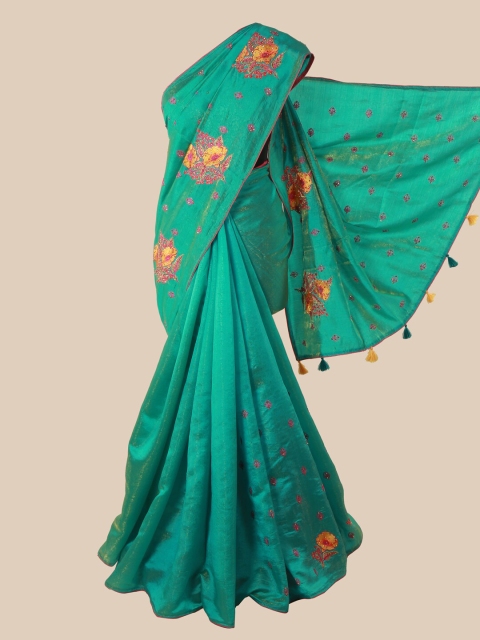 

Pothys Sea Green Floral Beads and Stones Art Silk Saree With Tasseled Pallu