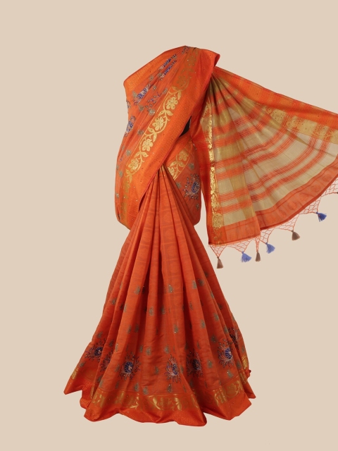 

Pothys Orange & Navy Blue Woven Design Beads and Stones Art Silk Saree With Tasseled Pallu