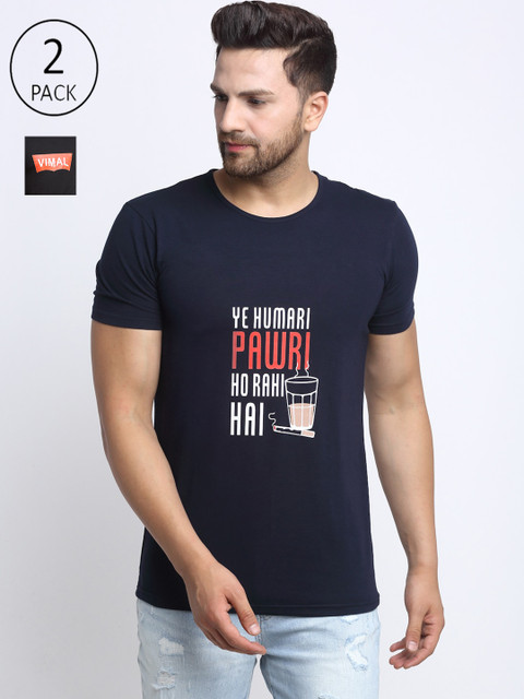 

VIMAL JONNEY Men Navy Blue Pack Of 2 Typography Printed T-shirt
