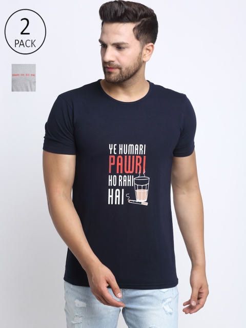 

VIMAL JONNEY Men Pack of 2Navy Blue and Grey Typography Print T-shirt, Navy blue