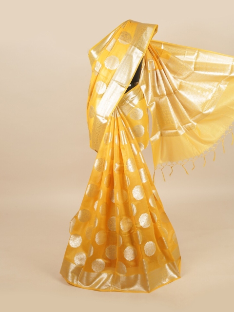 

Pothys Yellow & Gold-Toned Floral Linen Blend Saree