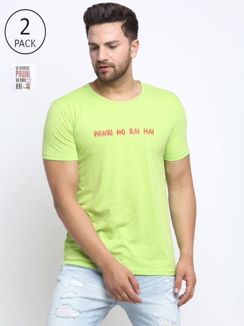 

VIMAL JONNEY Men Cotton Blend Green & White Pack Of 2 Typography Printed T-shirt
