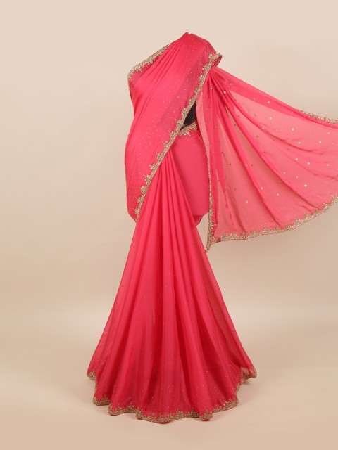 

Pothys Pink & Gold-Toned Floral Beads and Stones Pure Georgette Saree