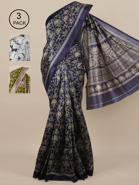

Pothys-Pack of 3 Assorted Jute Silk Printed Sarees, Navy blue