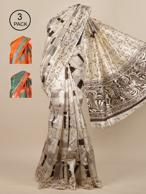 

Pothys Pack of 3 Jute Silk Printed Sarees, Cream