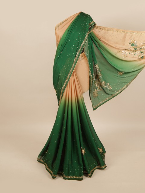 

Pothys Green & Cream-Coloured Embellished Beads and Stones Pure Georgette Saree
