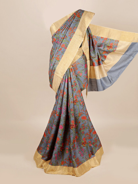 

Pothys Grey & Orange Floral Zari Pure Silk Tussar Saree