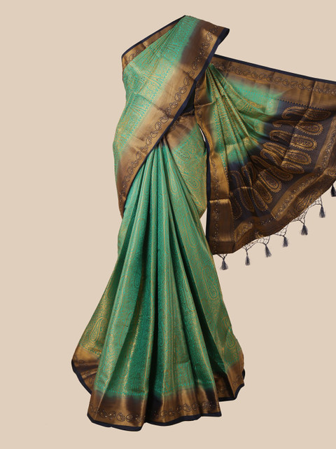 

Pothys Green & Navy Blue Ethnic Motifs Zari Art Silk Banarasi Saree