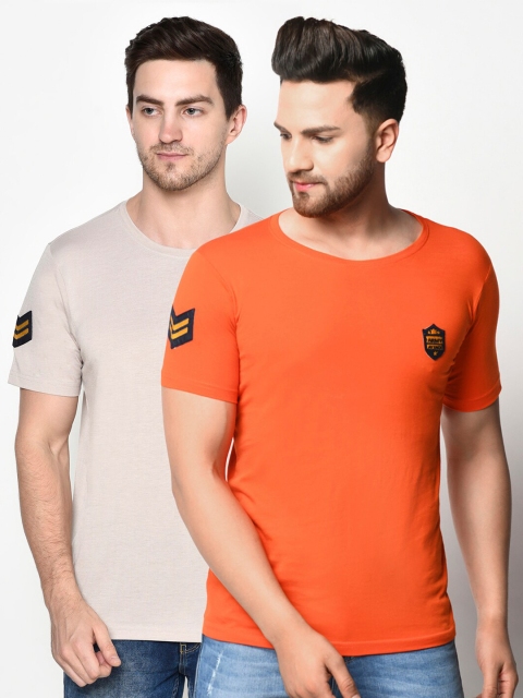 

ELEGANCE Men Orange & Beige Set of 2 Applique T-shirt