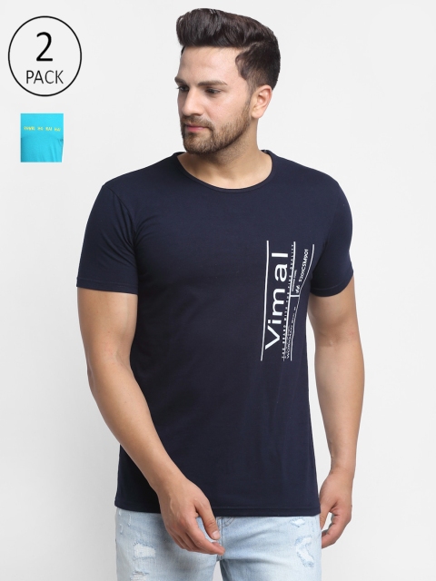 

VIMAL JONNEY Men Set of 2 Navy Blue & Blue Typography Printed T-shirts