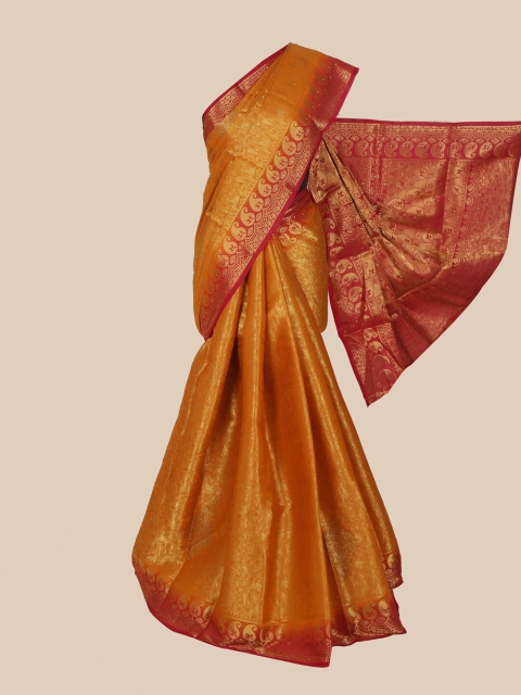 

Pothys Mustard Yellow & Red Art Silk Banarasi Saree
