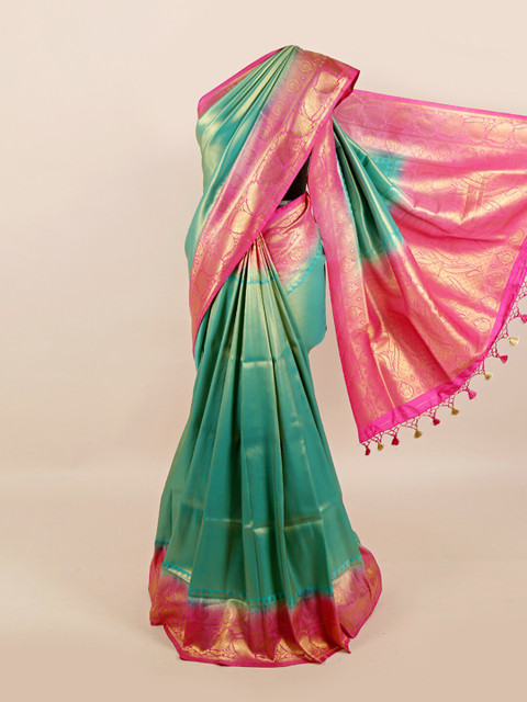 

Pothys Green & Pink Floral Art Silk Banarasi Saree With Tasseled Pallu