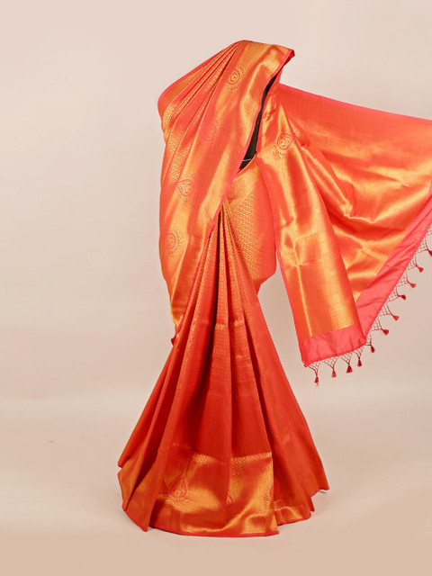 

Pothys Orange & Gold-Toned Floral Zari Art Silk Banarasi Saree