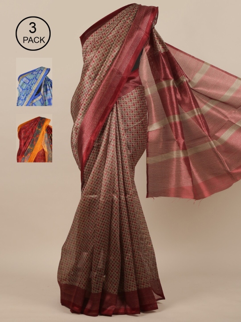 

Pothys-Pack of 3 Assorted Jute Print Sarees, Grey