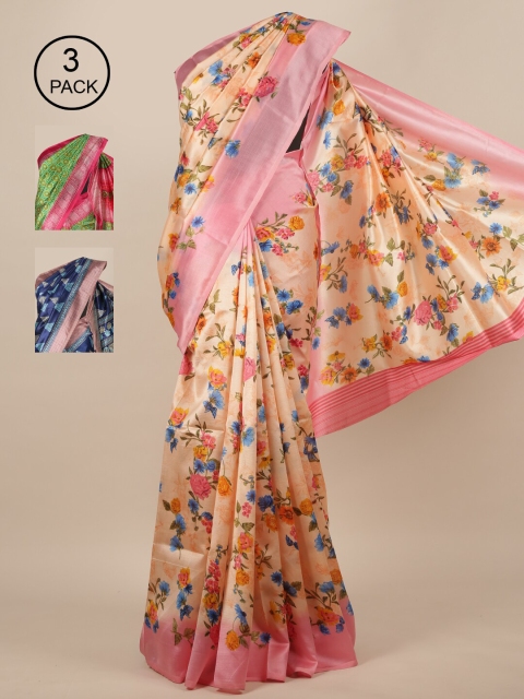 

Pothys-Pack of 3 Assorted Jute Silk Printed Sarees, Peach